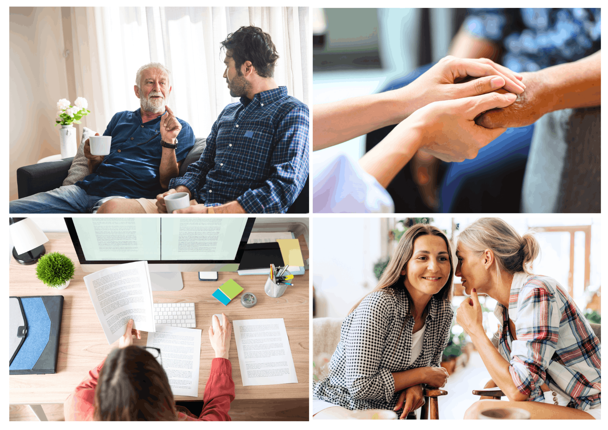 Fyra bilder i ett collage som beskriver en lokalf&ouml;renings arbete s&aring;som m&auml;nskliga m&ouml;ten och administration.