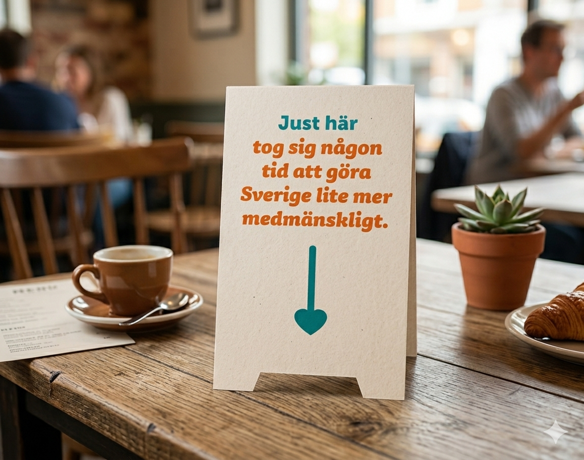 Liten bordspratare st&aring;r p&aring; ett cafebord. Det st&aring;r 